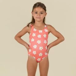 Maillot De Bain 1 Pièce Bébé Fille Texture Gaufré Corail Imprimé Fleurs